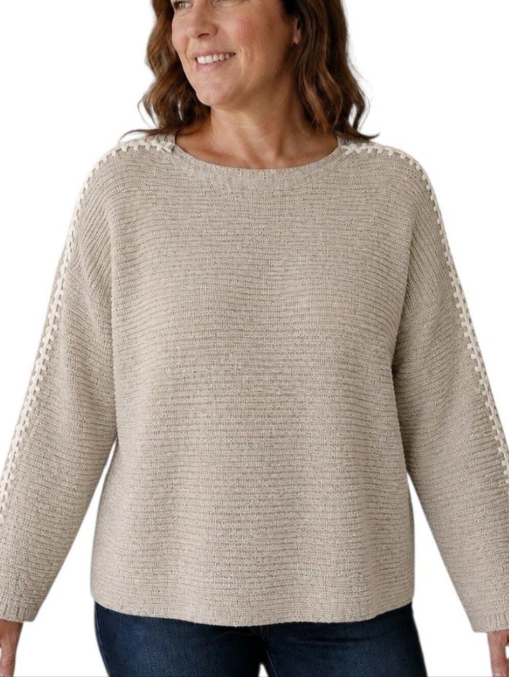 J Jill Pure Jill Oatmeal Ribbed Boat Scoop Neck Sweater Wmn LP Neutral Casual